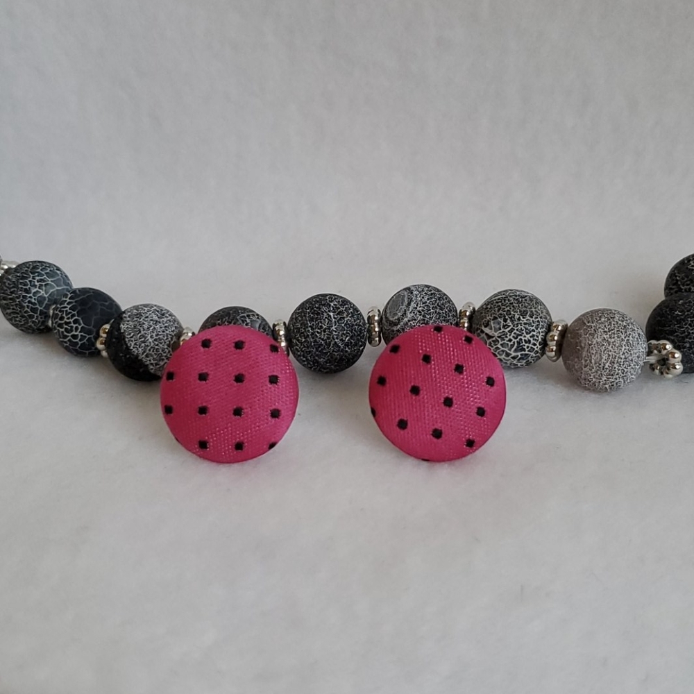 Womens pink and black fabric earrings